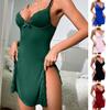 Women Summer Nightdress Spaghetti Strap Backless Deep V Neck Sleeveless Sleepwear Lace Trim Split Hem Nightie Bedroom Honeymoon Wedding Night Slip
