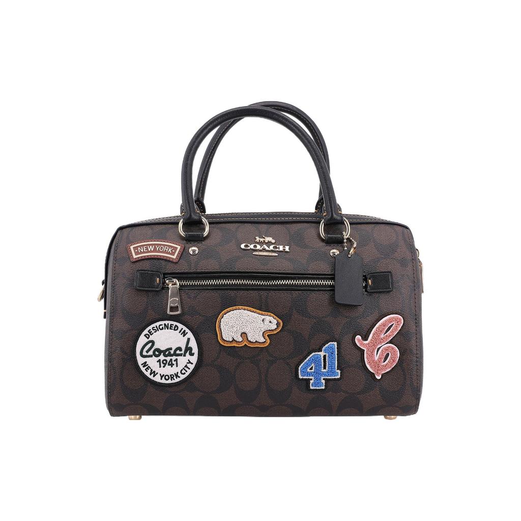 Coach Rowan 27 Classic Monogram Zip Closure Ski Patch Decor Canvas And Leather Shoulder Crossbody Tote Bag Large Women handbags Dark-Brown CE592-IMOSN