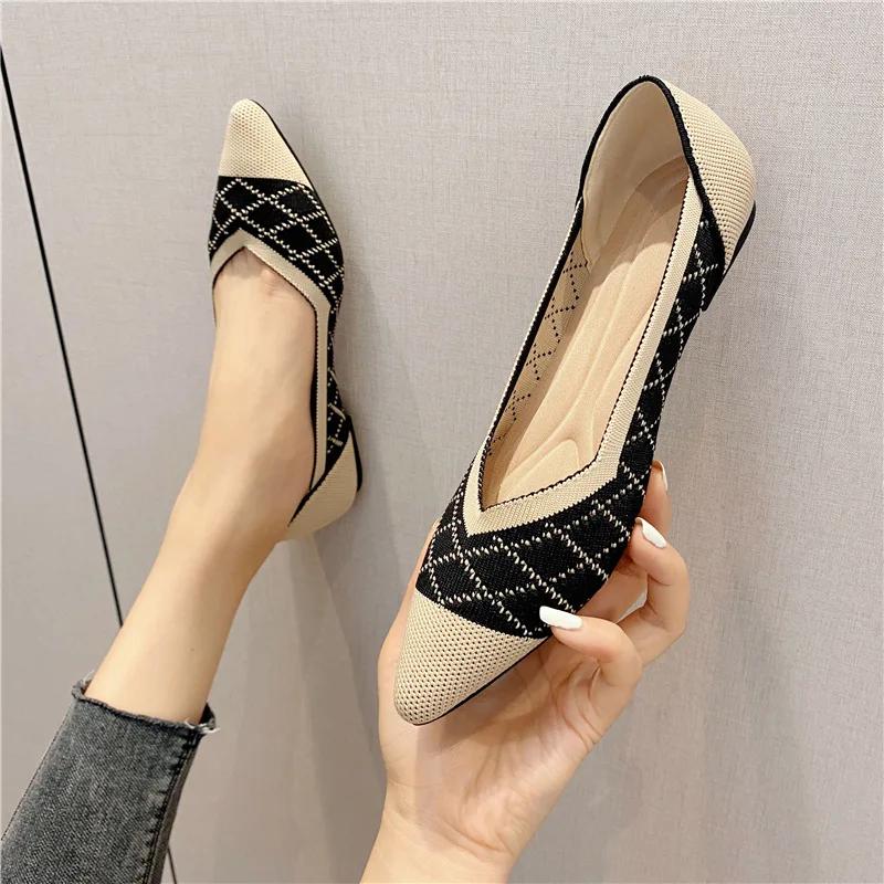 Женская весна 2025 года, новые туфли на плоской подошве, модные осенние женские вязаные остроносые удобные туфли на резиновой подошве, фирменная обувь Zapatos Mujer