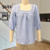 Skin-friendly Fabric Shirt Women Square Collar 3/4 Sleeve Pure Color Casual Loose Fit Tops Blouse Lace Splicing Summer Breathable