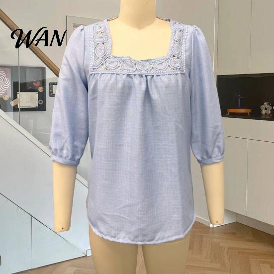 Skin-friendly Fabric Shirt Women Square Collar 3/4 Sleeve Pure Color Casual Loose Fit Tops Blouse Lace Splicing Summer Breathable