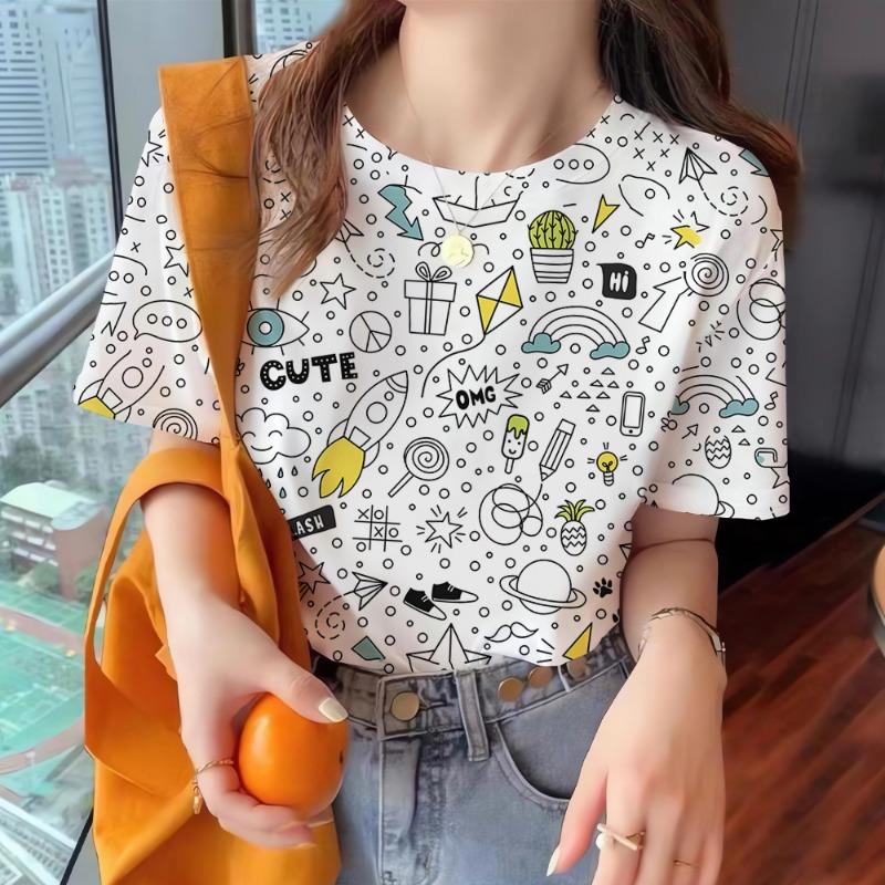 Summer Women's T Shirt Colorful Abstract O-Neck Casual Short Sleeve Tees Female Overszied Clothing Fashion Pullover