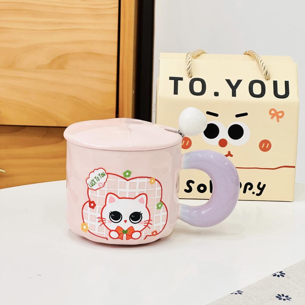 Small Fresh Cat Ceramic Cup for Home Use High Value Cartoon Mug with Cover Spoon Wedding Souvenir Gift Cup