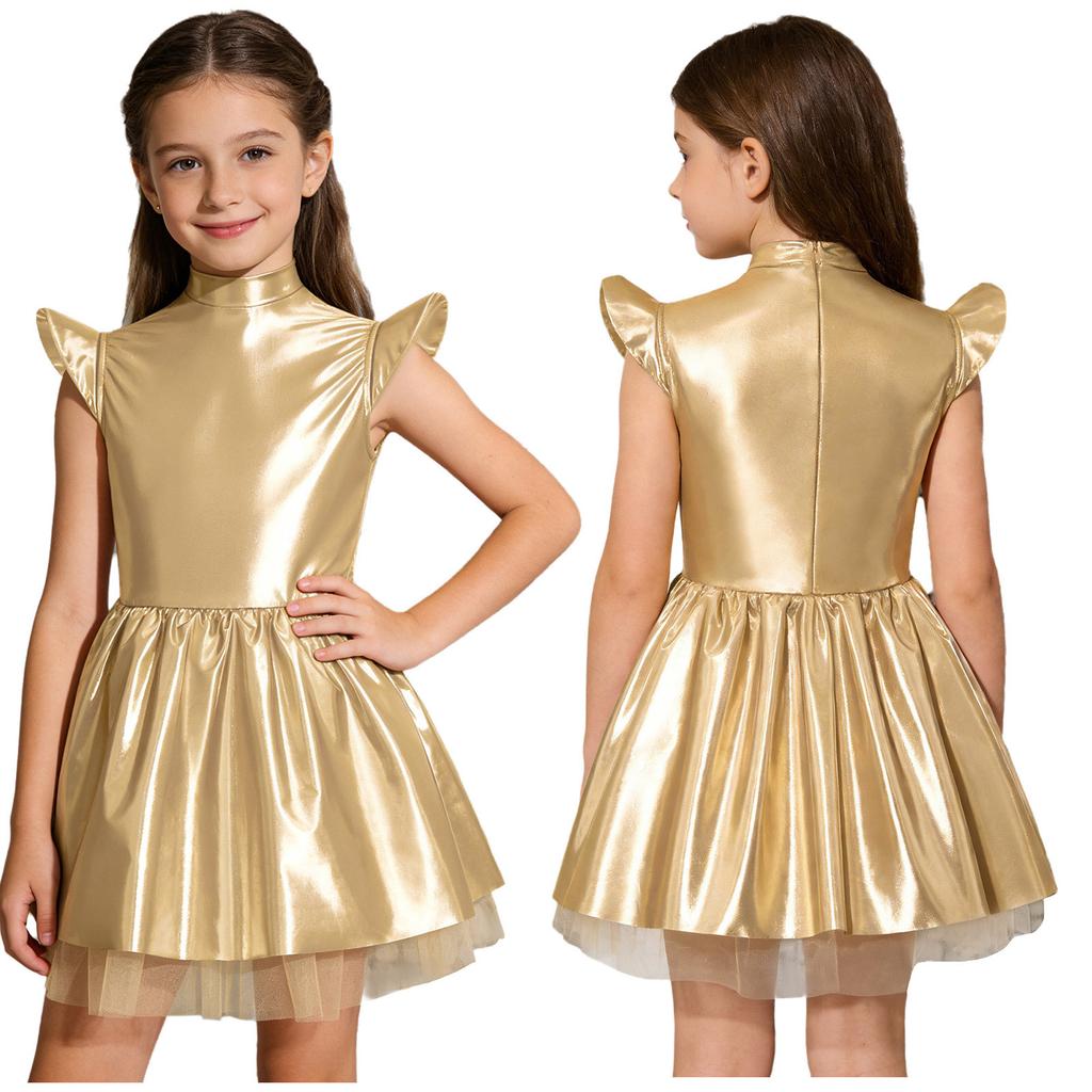 Переливающееся инопланетное платье-пачка для девочек, Блестящий костюм с воротником-стойкой, летящими рукавами и молнией на спине, Для сценических выступлений и вечеринок