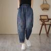Plus Size Jeans Casual Spring and Autumn Embroidery Large Size Elastic High Waist Harem Loose and Thin Daddy Long Pants