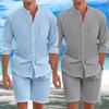 Мужская повседневная дышащая хлопковая льняная одежда Мужские винтажные рубашки с воротником-стойкой и застежкой на пуговицы и шорты Комплекты мужской одежды Летние пляжные рубашки Комплект
