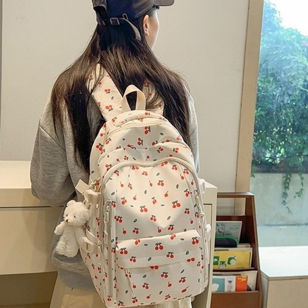 Multi-compartment Floral Print Backpack Multi-pocket Rucksack Cute Bow Pattern School Bag Daily