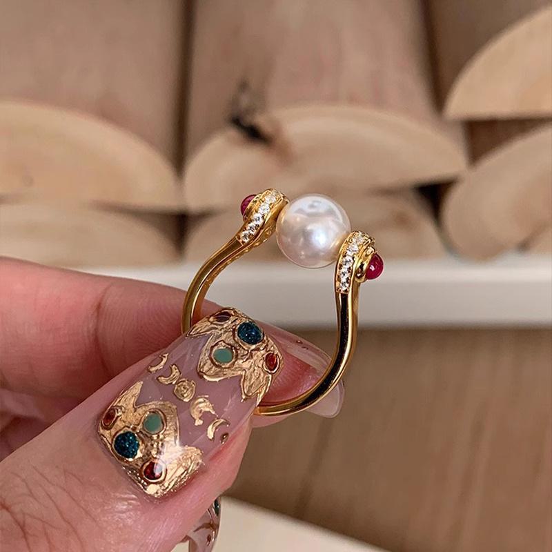 Medieval Diamond-Studded Pearl Earrings & Peace Love Crown Ring Set for Women, Featuring Stacking Rings with Advanced Brushed Design