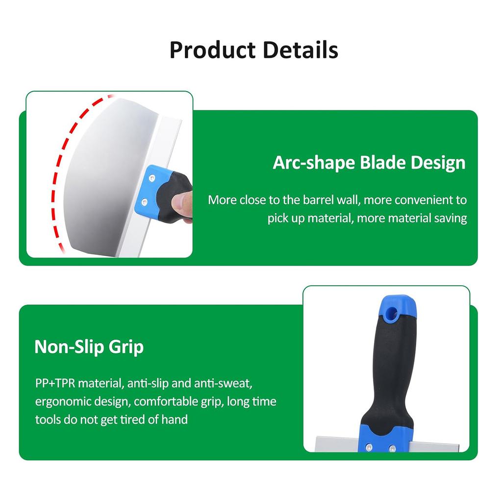Stainless Steel Curved Scoop Putty Scraper Heavy Duty Rust Proof Wall Finishing Tool with Soft Grip for Paint Mortar