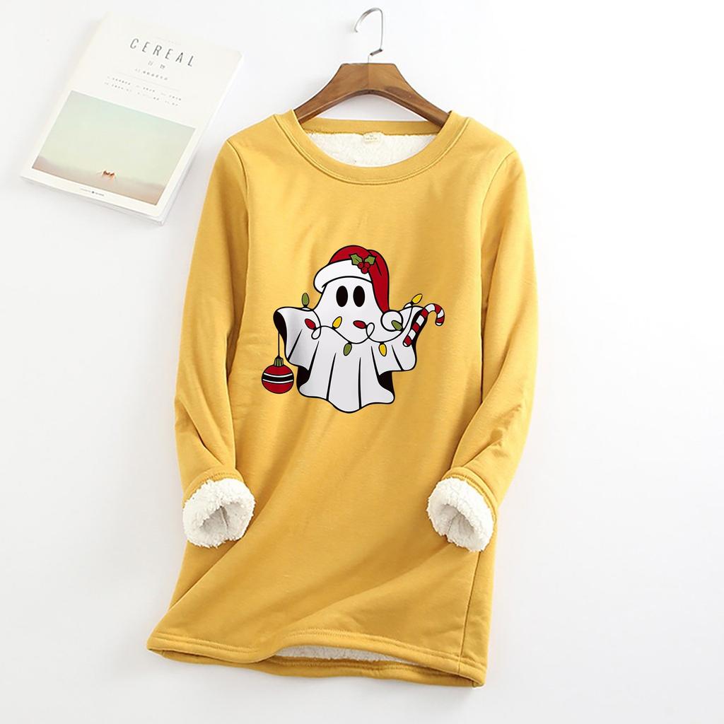 Женский круглый вырез с принтом из утолщенного плюша и кашемира, теплый длинный топ