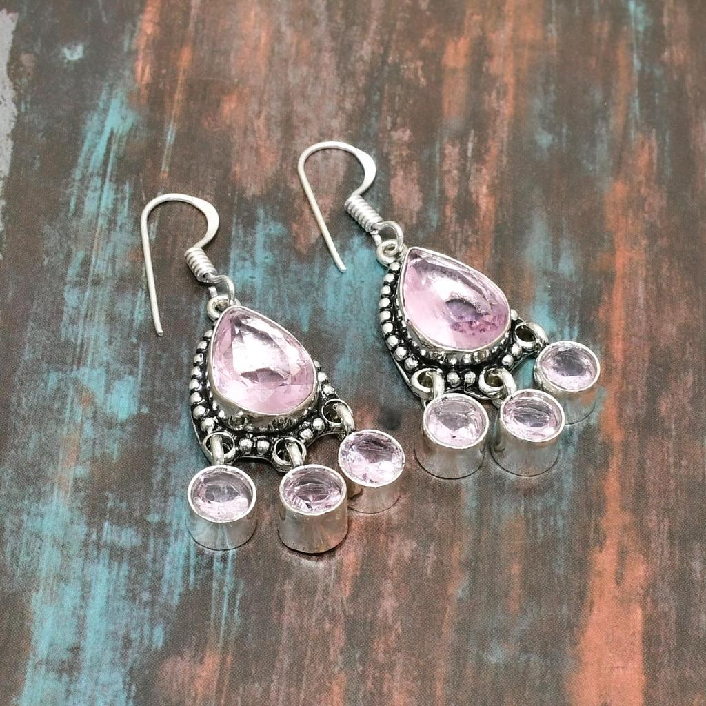Ювелирные серьги ручной работы из стерлингового серебра 925 пробы с розовым кунцитом и драгоценными камнями на День Благодарения