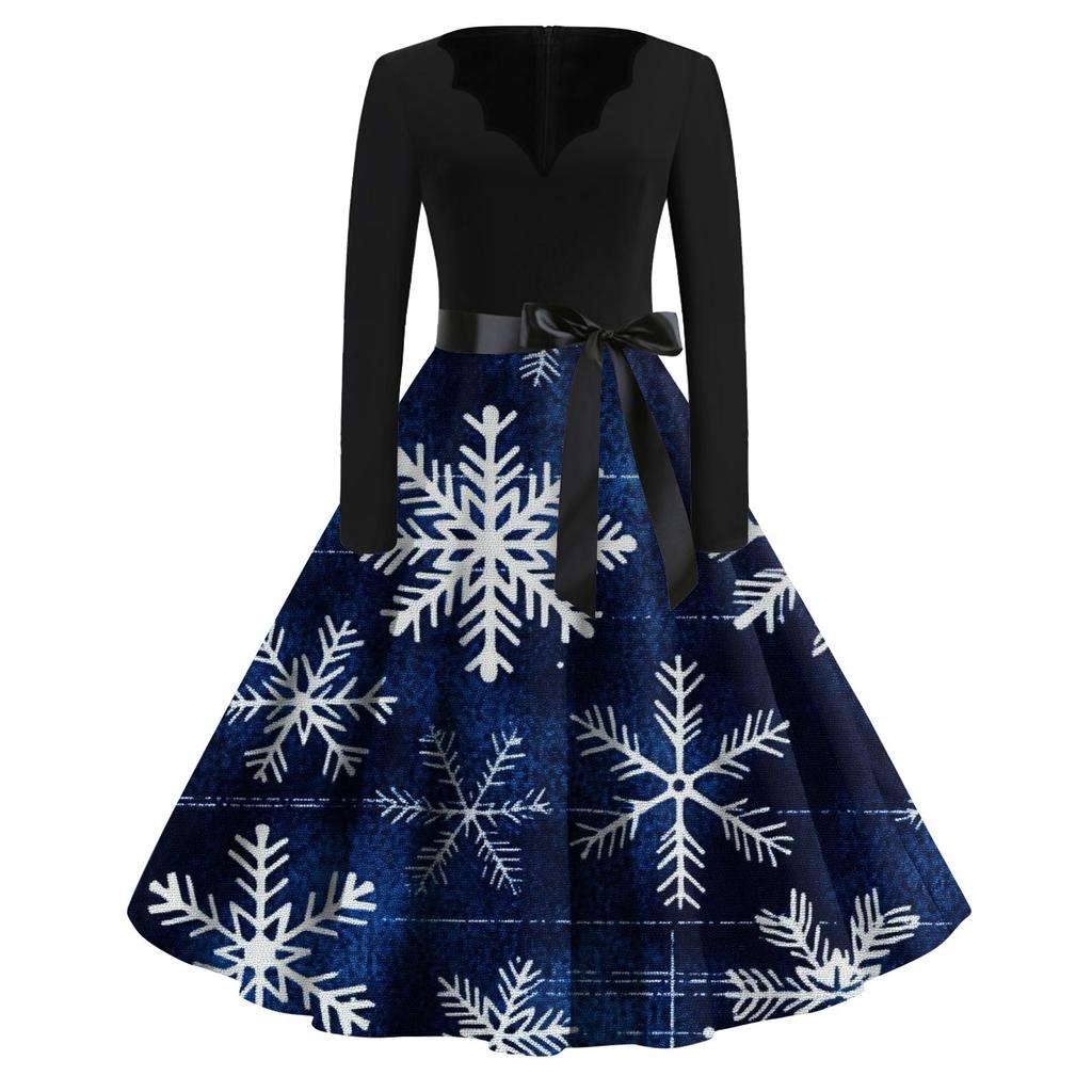 Женские модные повседневные тонкие рождественские платья с длинным рукавом с v-образным вырезом и принтом