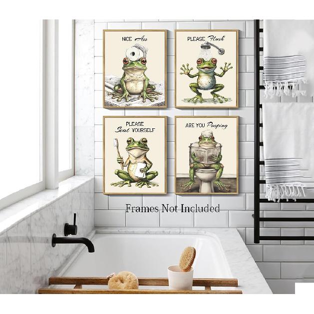 Funny Frog Bathroom Wall Art, Set of 4 Unframed 8x10 inch Posters