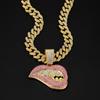 New Men Women Hip Hop Bite Lip Shape Pendant Necklace with 13mm Crystal Cuban Chain Iced Out Bling HipHop Necklace Charm Jewelry
