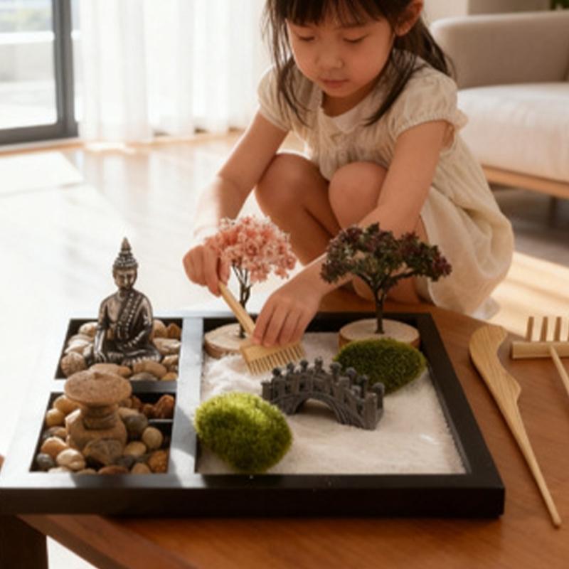 Japanese Zenes Garden for Desk Wood Sand Garden Zenes Decors Meditations Gift Sensory Therapy Tool Mindfulness Emotional