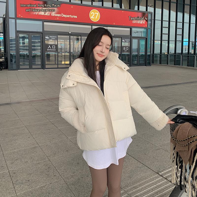 Женская зимняя хлопковая куртка пэчворк 2024 года с манжетами из овчины - Короткий европейский стиль