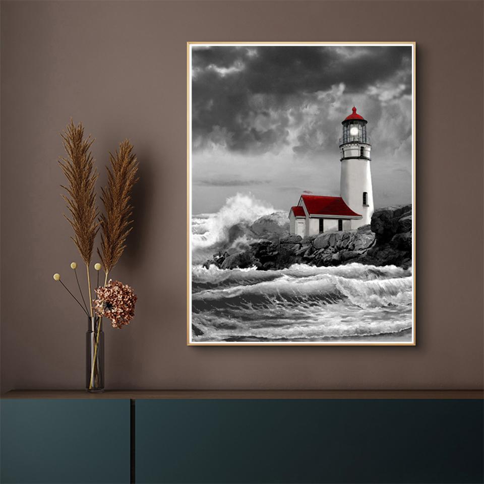 5D DIY Diamond Painting Landscape Rhinestone Cross Stitch Kit Diamond Embroidery Coastal Lighthouse Mosaic Picture Decoration