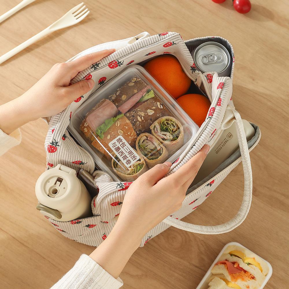 New lunch box bag for office workers corduroy insulated hand-held bento bag high appearance level lunch bag