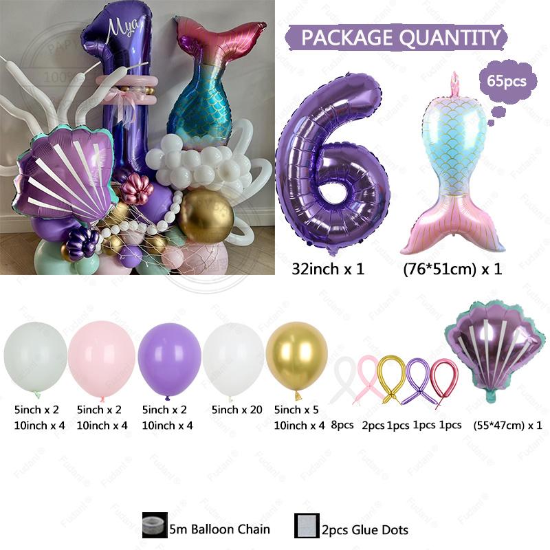 65PCS Underwater World Theme Mermaid Shell Purple Digital Aluminum Film Balloon Children's Birthday Baby Shower Decoration Ballo