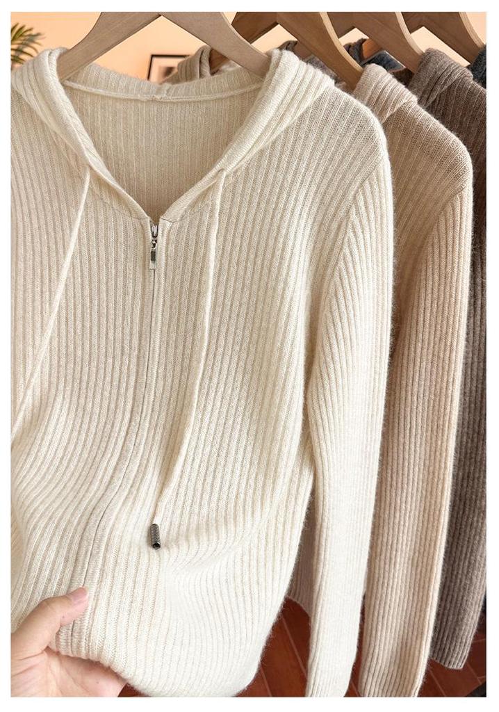 Women's 100% Pure Cashmere Striped Zipper Hooded Cardigan Sweater
