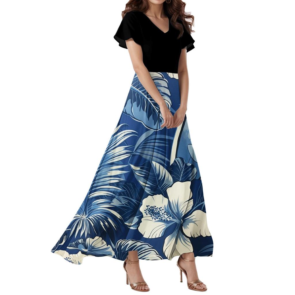 Женское свободное повседневное платье с V-образным вырезом, короткими рукавами, высокой талией и цветочным принтом Платье с цветочным принтом