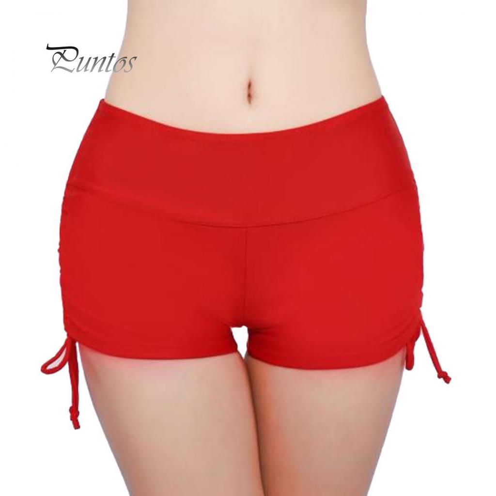 Global Selling Women Solid Color Bikini Bottom Side Pleated Bandage Swim Shorts