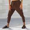 Men Pants Medieval Vikings Pirate Ankle-banded Lace-up Strap Elastic Waist Pleated Loose Solid Color Cropped Trousers Cosplay Performance Costume
