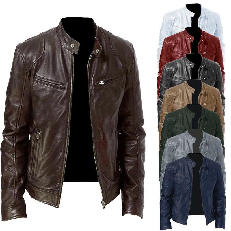 Мужская мотоциклетная кожаная куртка Slim Fit Короткое пальто с лацканами Куртки из искусственной кожи Осеннее ветрозащитное кожаное пальто Мужская одежда