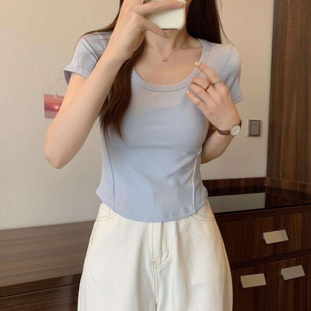 Irregular U-neck Short-sleeved T-shirt Women's Summer New Korean Version Slim-fitting High-waisted Short Student Solid-color Top