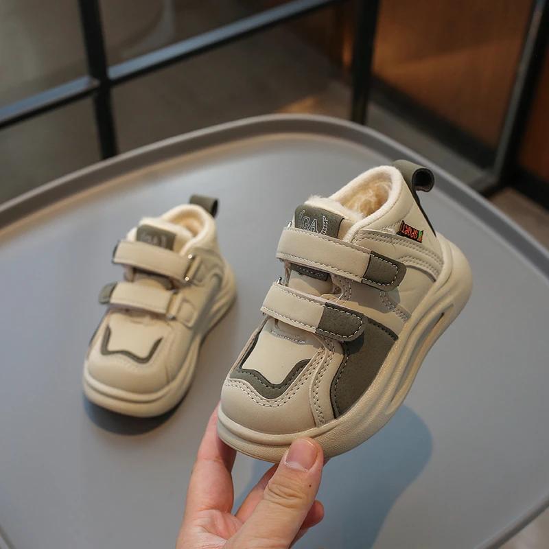 Boys Casual Sport Shoes Winter Warm Britain Style Girls Casual Shoes Double Hook & Loop Children Fashion Leather Shoes 2024 New