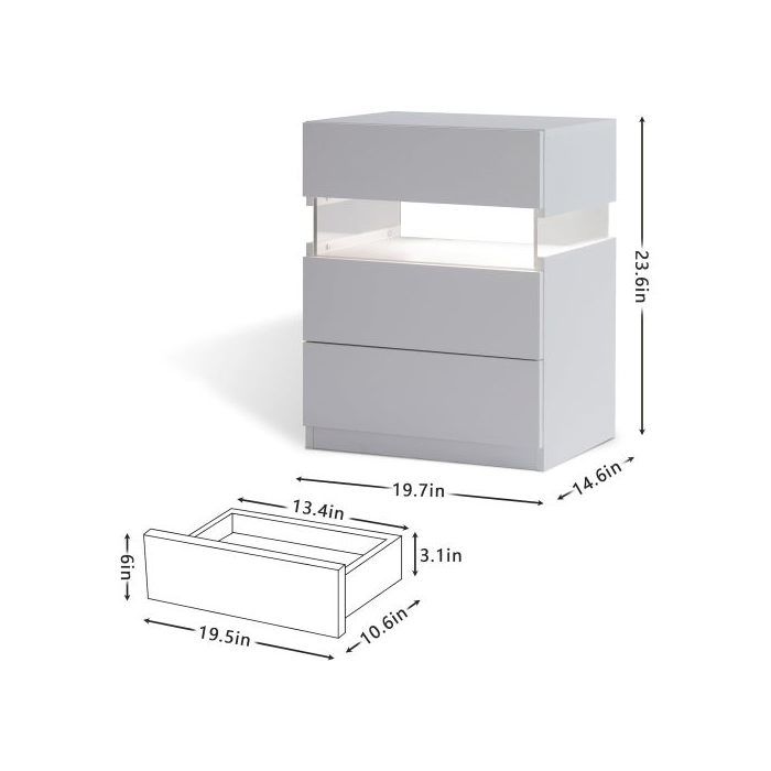 Table de chevet LED - MUVOE - 3 tiroirs - Panneau acrylique - Éclairage multicolore