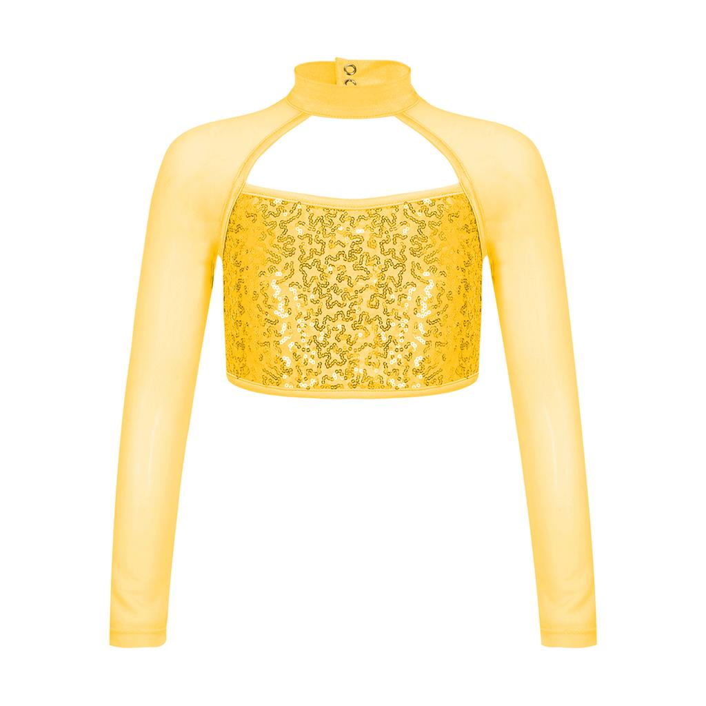 Детский кроп-топ с длинным рукавом, пайетками и сеткой для танцевальных выступлений