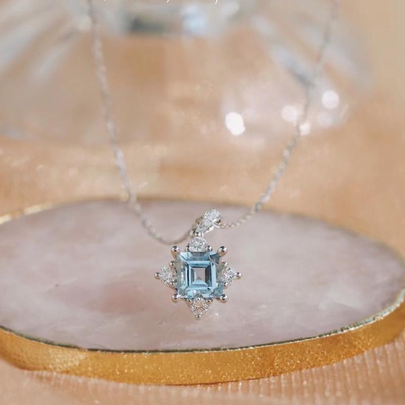 Серебряное ожерелье S925 с аквамарином и топазом - Цепочка на ключицу с четырьмя зубцами в французском стиле для женщин, Дизайн 2021 года