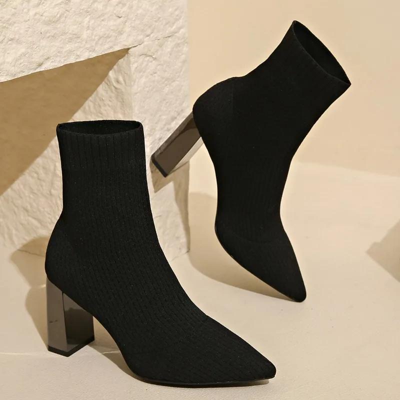 Женские высокие каблуки, ботильоны, носки, вязаные туфли с острым носком, туфли-лодочки Челси, ботинки 2025 года, зимние новые дизайнерские массивные ботинки Zapatos Mujeres
