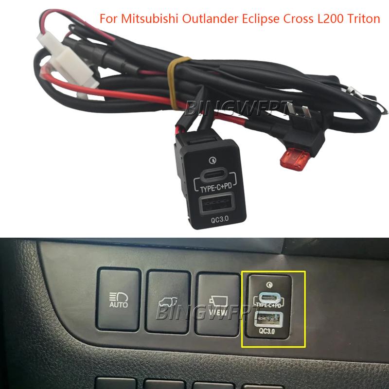 Car USB Charger PD Quick Charge Phone Charging Adapter Outlet Button For Mitsubishi Outlander 14-22 L200 Triton Red LED