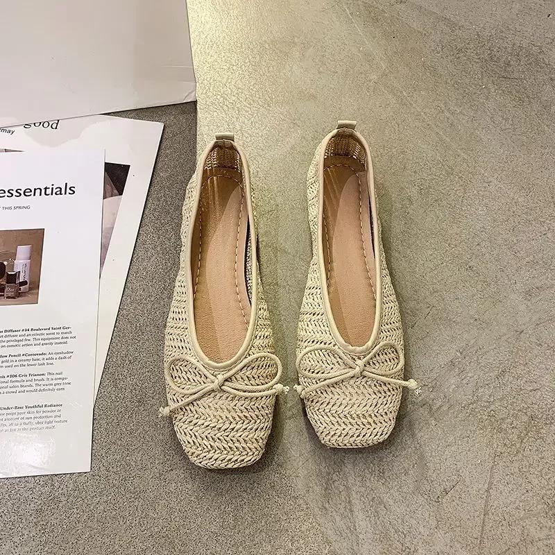 Мода Мода Кожа Повседневная Женская Обувь Балетки Плоские Абрикосовые Женские Туфли Каваи Милые Квадратный Носок С Бантом Туфли Молодежные Оптовые