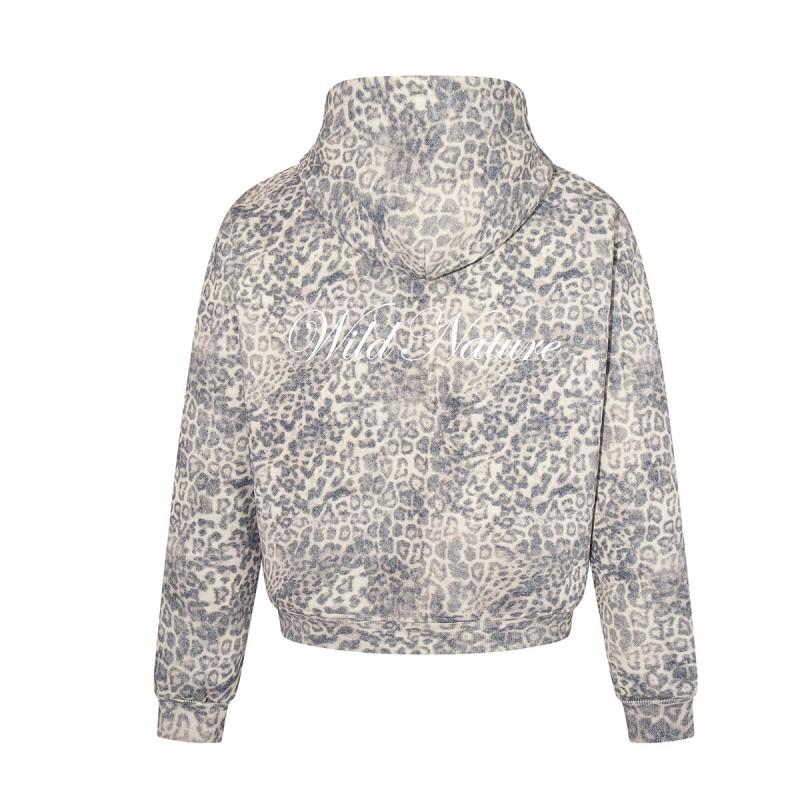 Mens Oversized Hooded Zip-Up Sweatshirt With Leopard Print Retro Streetwear Style
