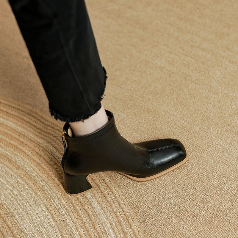 Осенние сапоги женские с круглым носком и толстым каблуком женские сапоги из натуральной кожи женские лаконичные короткие сапоги сапоги на высоком каблуке с застежкой-молнией