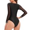 Сексуальный цельный купальник женский черный сетчатый длинный рукав глубокий V-образный вырез купальный костюм пляжная одежда Maillot De Bain Femme