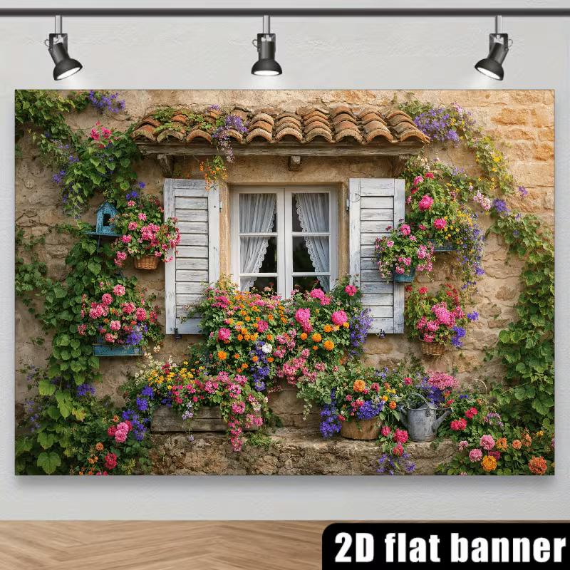 2D Винтажный каменный дом с цветочными ящиками и фоном из плюща Фотофон
