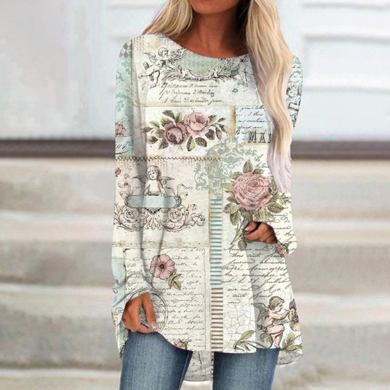 Женская футболка с длинным рукавом, уличная трендовая одежда, топ с круглым вырезом и принтом, свободная модная одежда 2024, женская футболка высокого качества