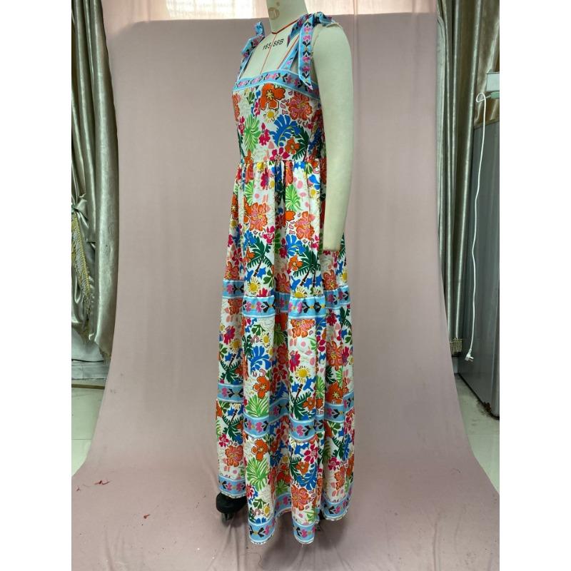 Женские летние свободные платья без рукавов с высокой талией и ботаническим принтом через шею