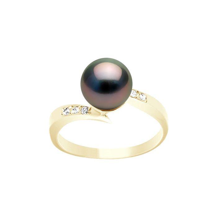 Bague - Pearls & Colors - Perle de Culture Tahiti 8-9 mm - Or Jaune 375/1000 - Diamants - Femme