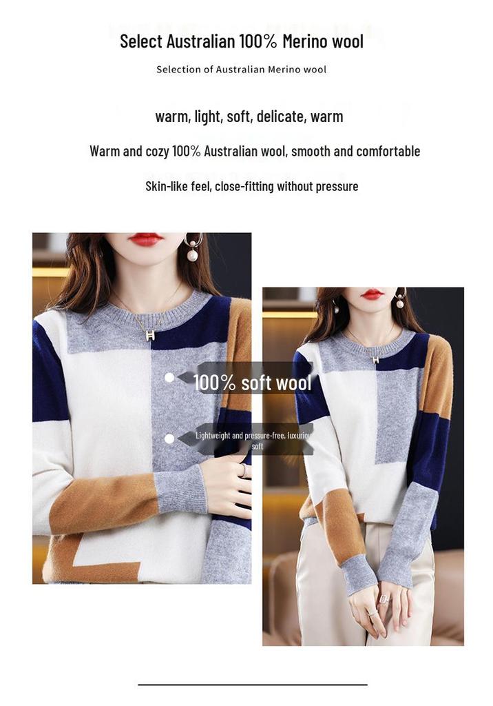 Women's Color-Block Wool Sweater: 2025 Autumn/Winter Thick Round Neck, Loose, Fashionable & Comfortable Knitwear