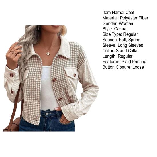 Fall Spring Lady Coat Plaid Print Cardigan Button-down Long Sleeves Chest Pockets Turn-down