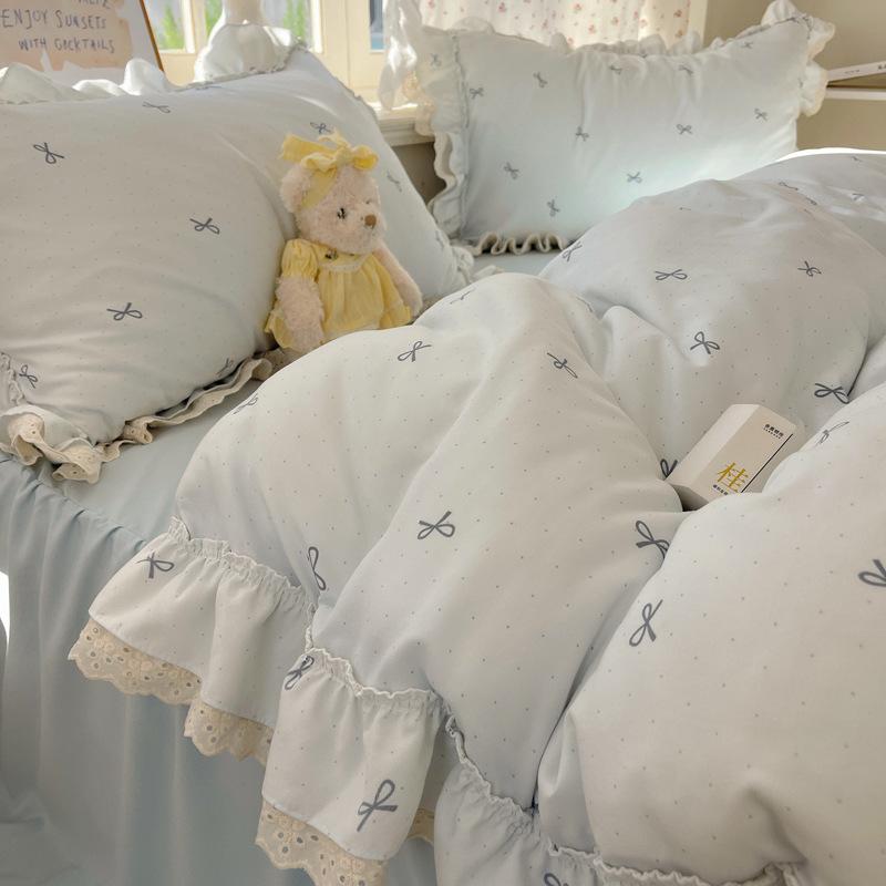 Комплект постельного белья из четырех предметов с двойной нитью, кружевной в принцессном стиле, приятный для кожи, дышащий, стиранные простыни, пододеяльник, наволочка