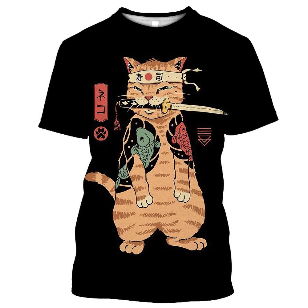 Мужская футболка с 3D принтом самурая и кота, свободный топ с круглым вырезом, дышащая удобная летняя повседневная одежда больших размеров