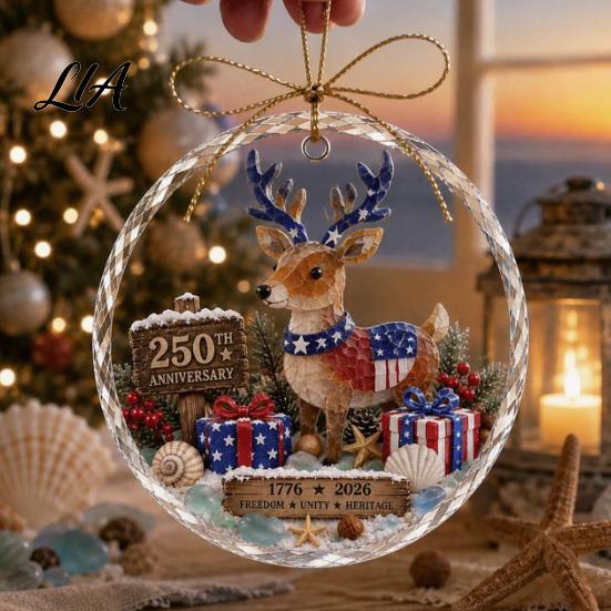 Vintage Christmas Party Supplies 250 Anniversary USA Sea Glass Ornament, 1776-2026 Patriotic Faux Crystal Holiday Season Ornament Clear Keepsake,