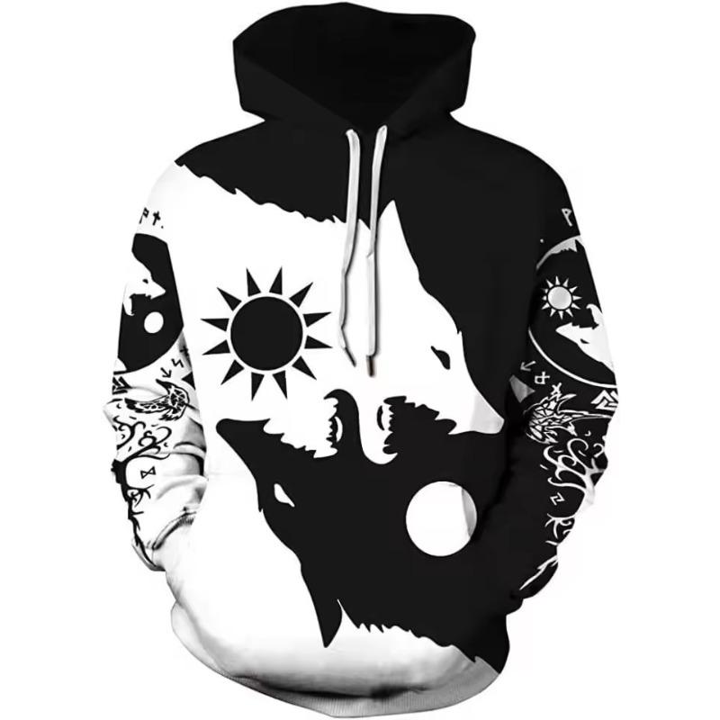 Vintage Men's Hooded Hoodies 3D Printed Battle Animal Pattern Sweatshirt Drawstring Sport Long Sleeve Tops Casual Men's Clothing