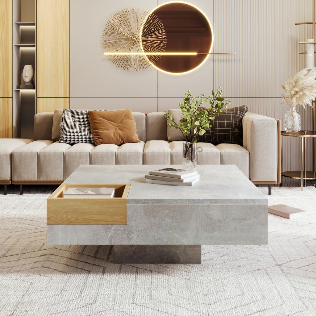 Coffee Table Living Room Table Side Table with Removable Storage Box, Concrete Grey and Wood Color, 72*72*30 cm.